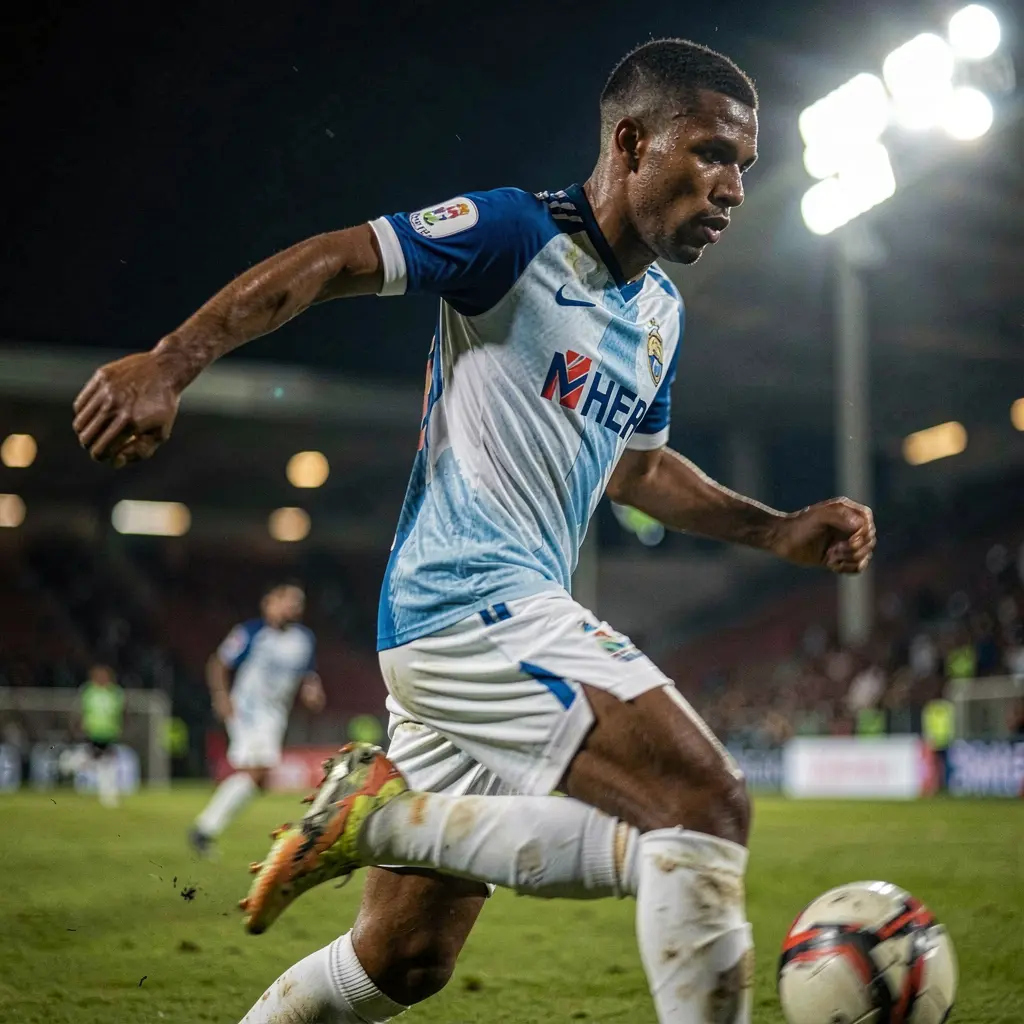 Dynamic close up of a soccer player controlling the ball under bright stadium lights symbolizing high energy football betting with WG69 in Malaysia