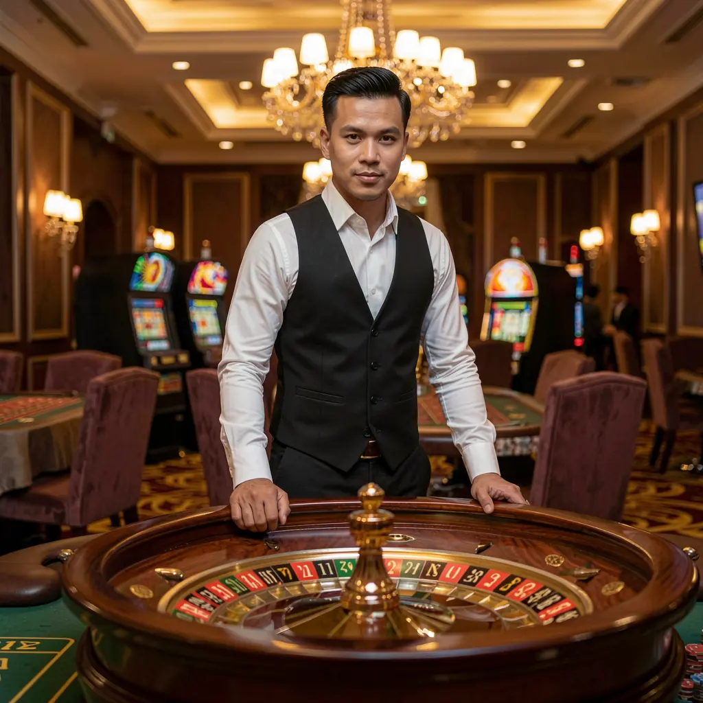 Professional live casino dealer from Malaysia standing at a modern roulette table with vibrant lighting representing the immersive WG69 casino environment